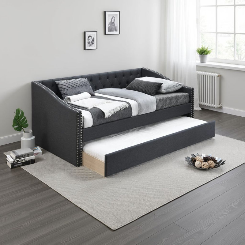 Daybed Sofa W Slats N Trundle Bed, Nailhead Trim, Charcoal Gray Fabric