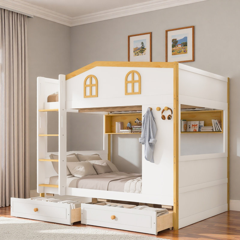 Lit superposé avec garde-corps en forme de maison, tablettes de rangement et tiroirs, Lit superposé double sur double