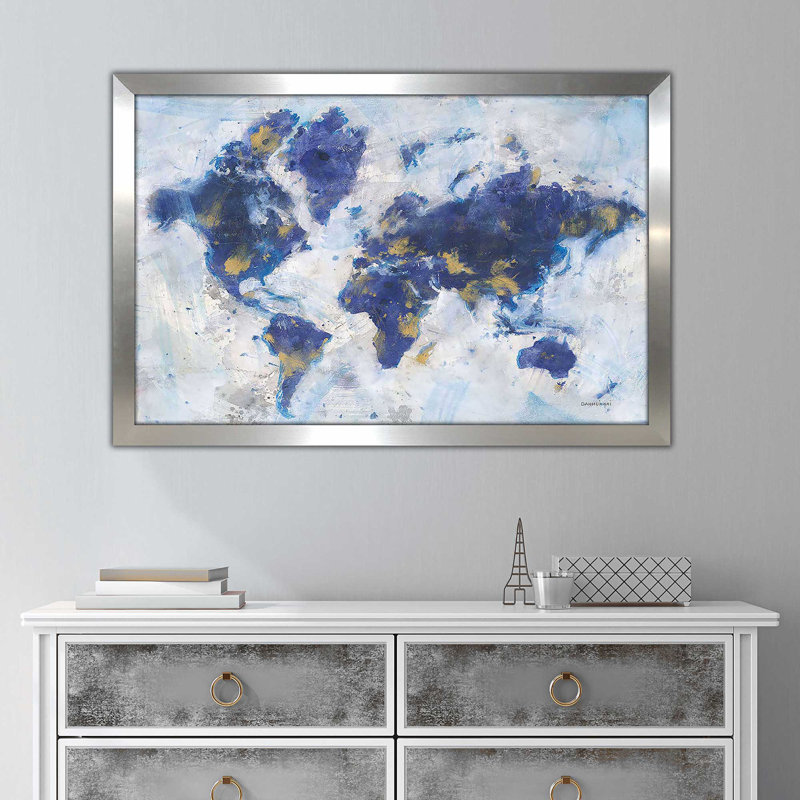 Indigo World Map par Danhui Nai - impression, Encadrement argenté, H 27,5 po x l 39,5 po x P 0,75 po