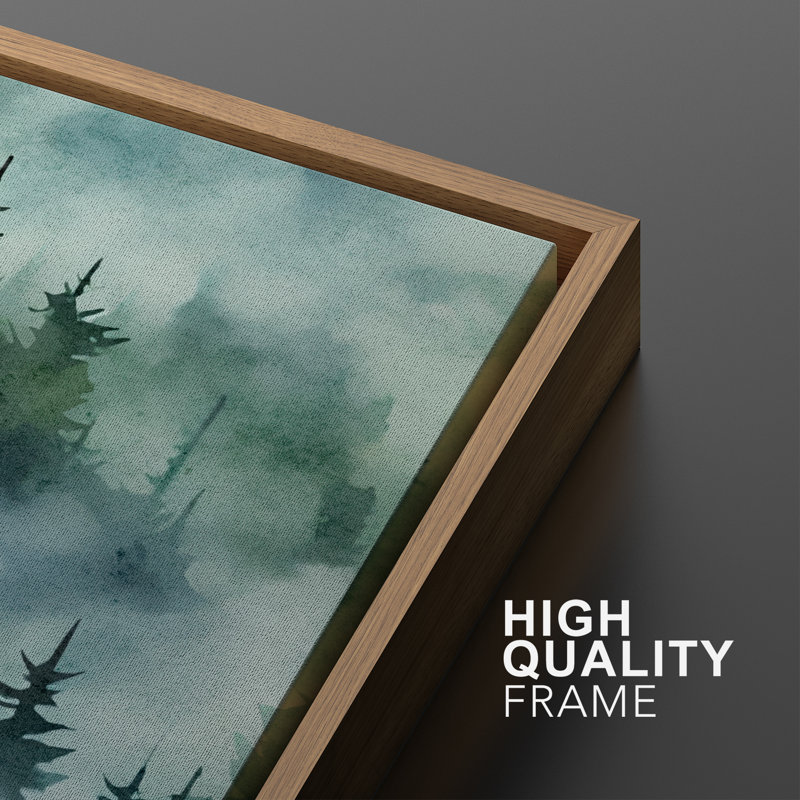 «Misty Evergreen Forest Landscape in Soft Green Tones», reproduction d'art sur toile encadrée, 3 pièces, Cadre naturel