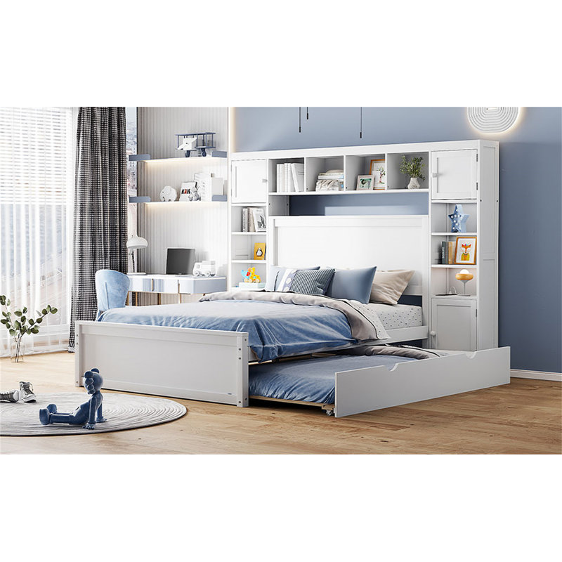 Lit en bois avec armoire tout-en-un, Lit double, Blanc