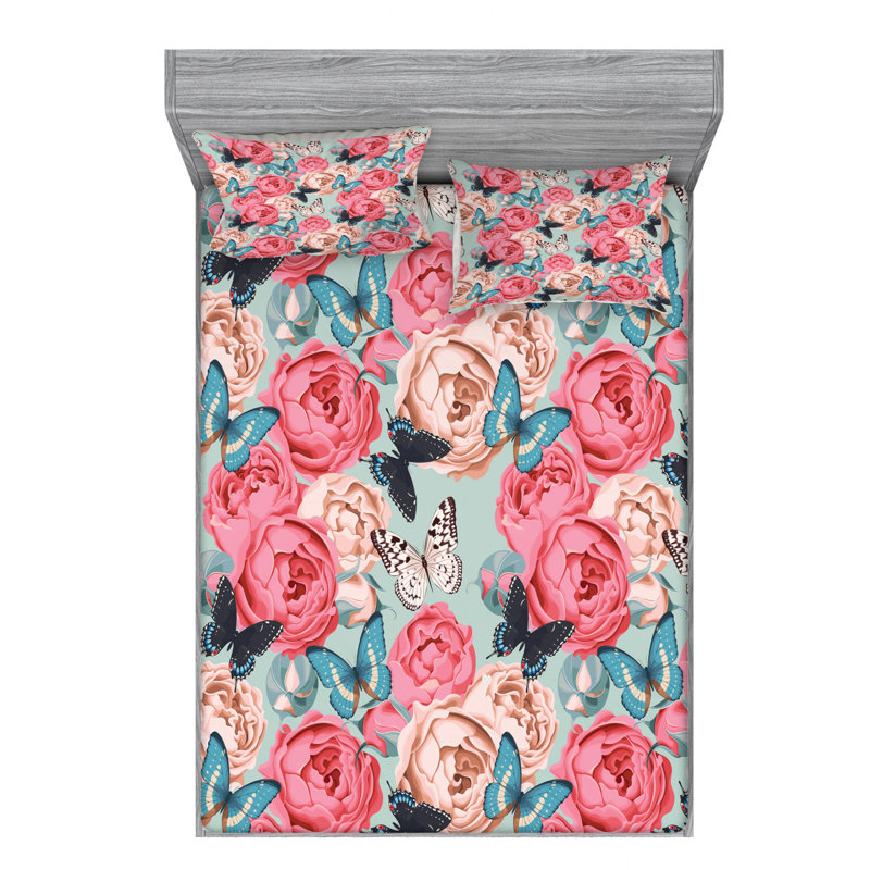 Microfiber Floral Sheet Set, Full Sheet Set with Fitted Sheet