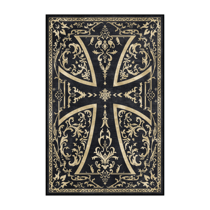 Machine Washable Fillmore Templar Cross Symbol Classic Damask Rug in Black – Black Binding, 2x3