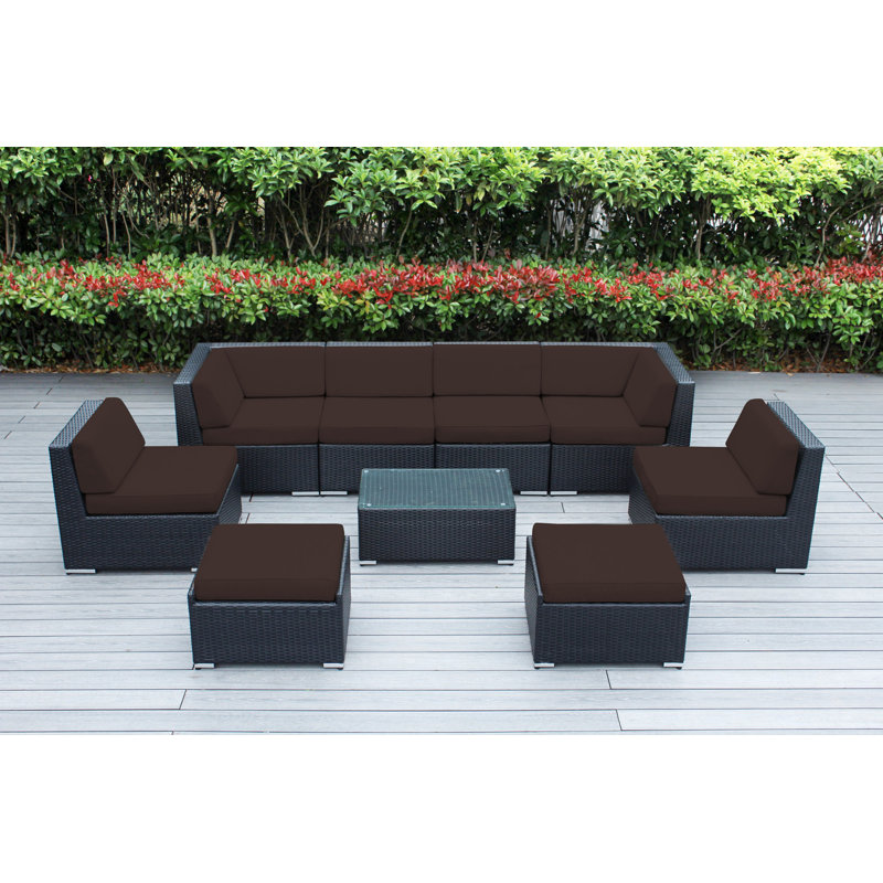 Ensemble de conversation en osier pour 8 personnes avec coussins - aucun assemblage, Noir, Toile Sunbrella® naturel