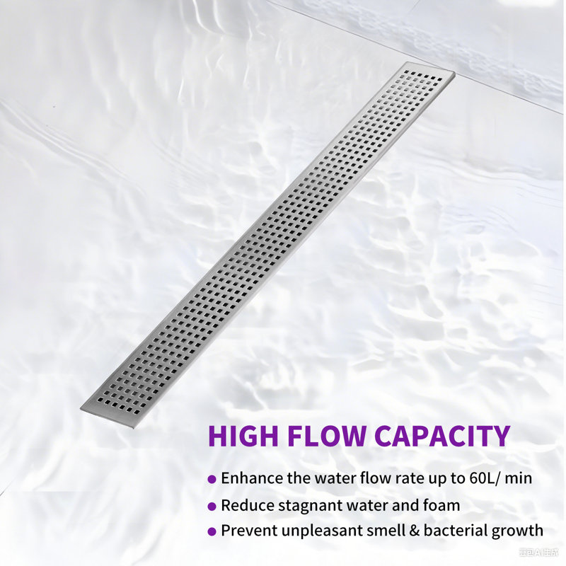 28 In. Shower Drain With 2-In-1 Tile Insert Panel With Square Pattern Drain Cover, Brushed Nickel