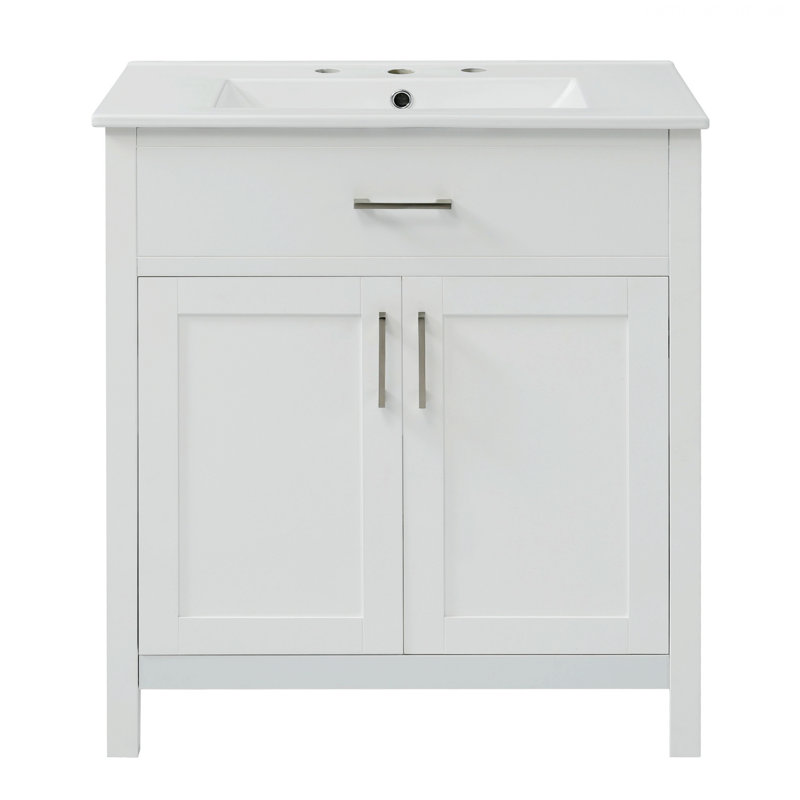 Meuble-lavabo autoportant contemporain avec lavabo et tiroir en céramique, Blanc