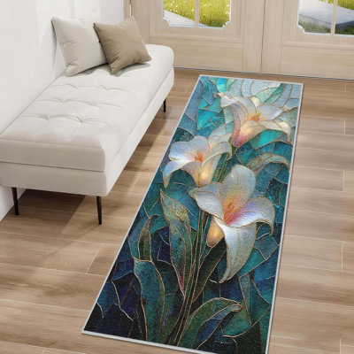 Floral Runner Rug 18"X60", 3D Stained Glass Hallway Rug Non-Slip Washable, Luxury Small Rugs For Entryway, Soft Low Pile Carpet For Kitchen Bedroom Indoor Door Mat
