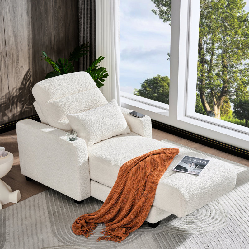 Méridienne électrique avec recharge sans fil, coussin lombaire et porte-gobelet réglables beiges pour la détente dans un appartement confortable dans la chambre à coucher