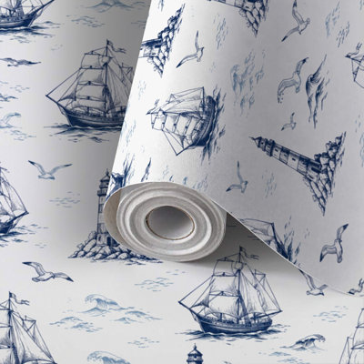 Papier peint à peler et coller papier peint rétro dessiné à la main Toile de Jouy sans soudure phare mouettes auto-adhésives et amovibles 24 po x 118 po (60 x 300 cm)