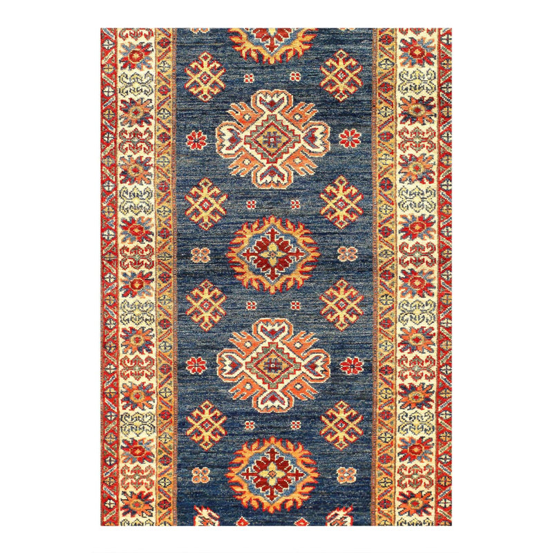 Tapis de couloir en coton et en laine noué à la main de style oriental bleu marine / brun / beige 2 pi 8 po x 13 pi 3 po