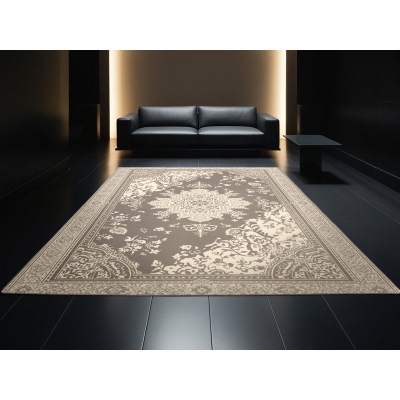 Machine Washable Cities & Countries Madrid Royal Palace Classic Oriental Rug in Gray – Gray Binding, 8x12