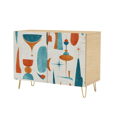 Sideboard Buffet Cabinet with Storage Mid Century Modern Abstract Art Print Turquoise Orange with 2 Doors for Living Room and Kitchen