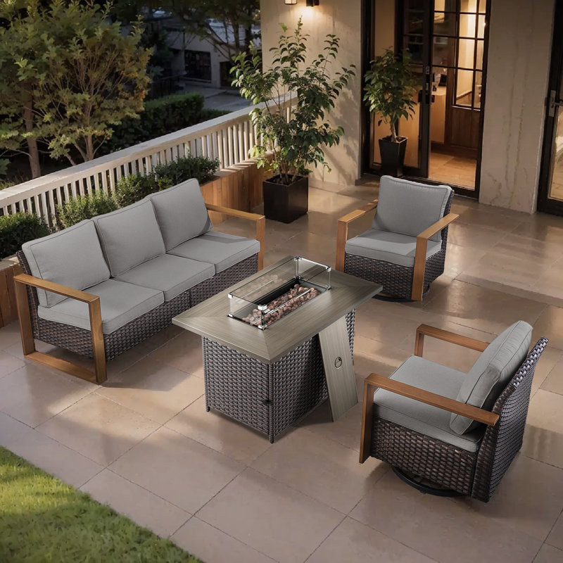 Rodez 4 Pieces Outdoor Patio Furniture Set With Fire Pit Table And Rattan Wicker Swivel Rocker Chairs Sets, Brown, Gray