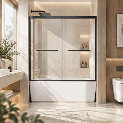 60" W x 58" H Double Sliding Bathtub Door with 1/4" (6mm) Clear Tempered Glass and Matte Black Aluminum Fram