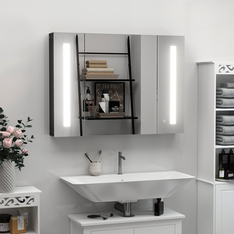 Armoire de salle de bain noire avec miroir et DEL - 35,5 po x 25,5 po, fixation murale, 3 armoires, tablette de charge