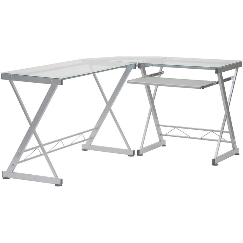 Bureau en L avec plateau pour clavier, bureau d'angle en verre pour bureau à domicile, bureau d'ordinateur professionnel Work-From-Home