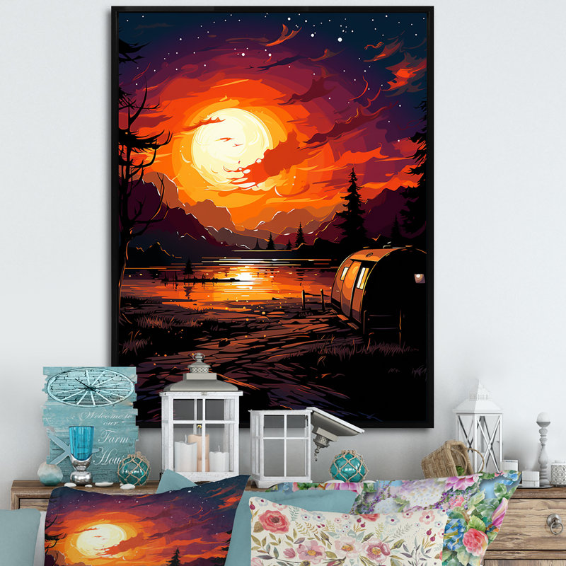 Prairie Camp Sunset Getaway 1 - camping, art mural, Gold Picture Framed, 32" H x 24" W