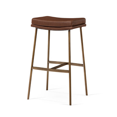 Maven Lane Berkley Bar Stool In Antiqued Brass With Cocoa Brown Faux Leather