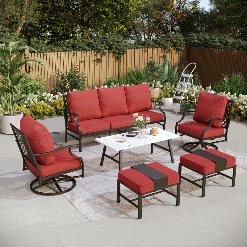 Asfand 5-Person Metal Patio Conversation Set with Swivel Lounge Chairs, Cushion Pro Red Performance, Yes