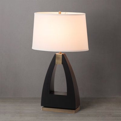Trina Table Lamp - 30", Ebony Wood Finish, Weathered Brass, White Linen Shade, 3-Way Switch