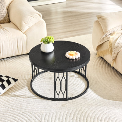 Table basse ronde en panneau de fibres à densité moyenne de 27,5 pouces de diamètre. Une table basse ronde pour le salon au design industriel rustique, avec des pieds en métal robustes et un assemblage facile