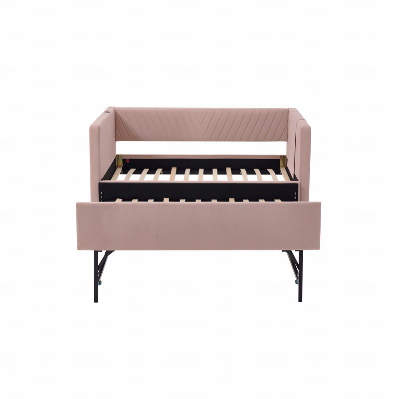Upholstered Trundle Daybed, Twin Size,USB Port,Side Pockets, Modern V-Grained Backrest Design,No Box Spring Needed, Pink