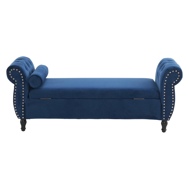 Repose-pieds rectangulaire en velours avec rangement multifonctionnel, Bleu marine antique