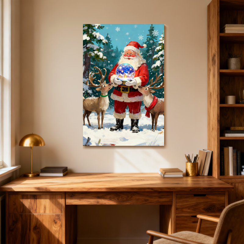 Christmas Santa Holding Snow Globe With Reindeer, 30" H x 20" W