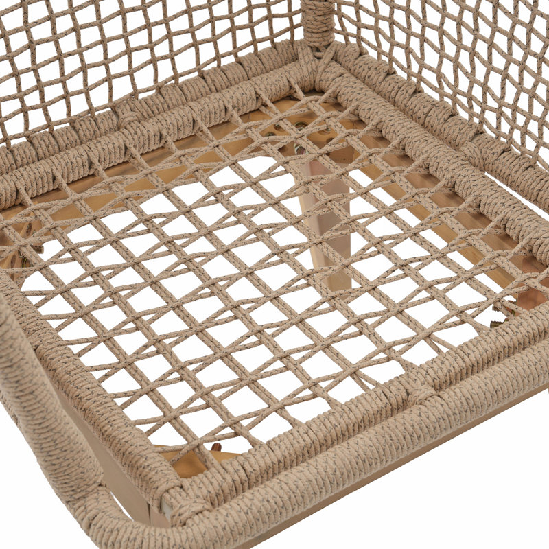 Rope Woven Patio Dining Chair with Cushions, Beige Cushion/Beige Frame