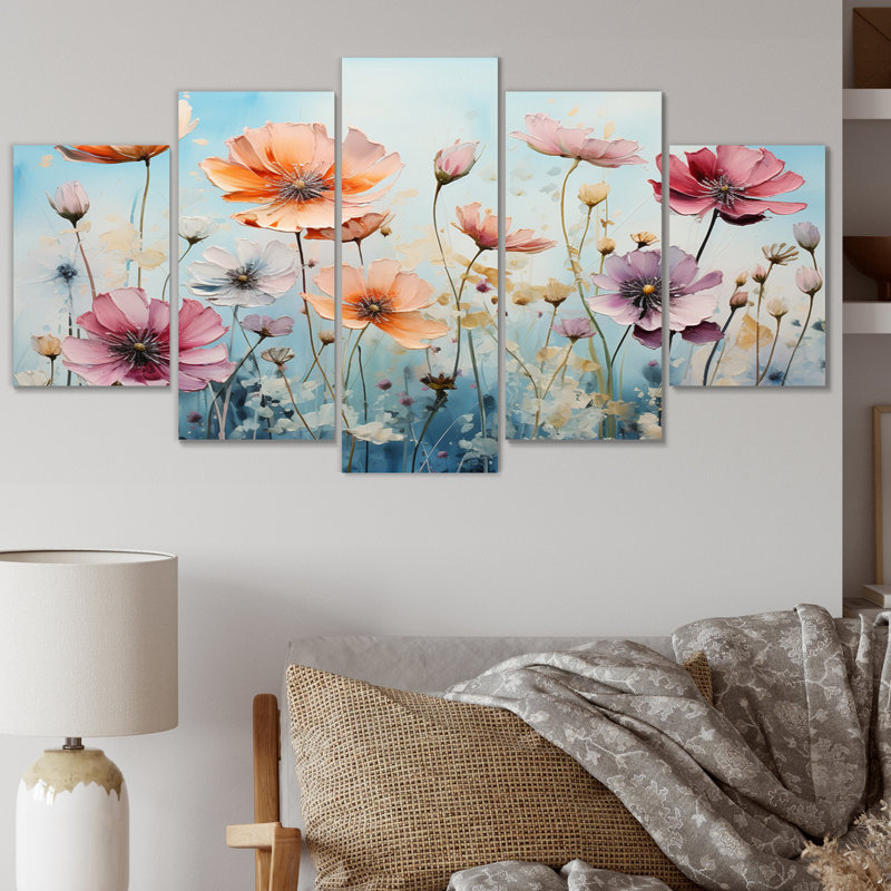 «Meadow Whimsical Meadowscape», reproduction d'art sur toile florale, 5 panneaux