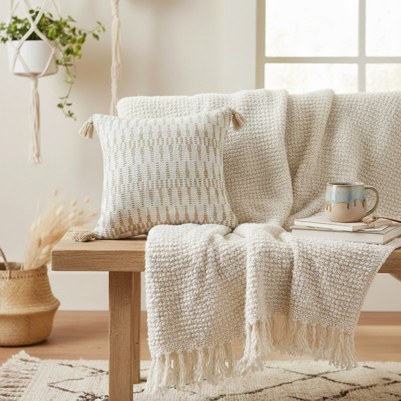 Baskin Modern Farmhouse Handmade Natural Cotton/Jute Throw Pillow Cover, Pillow Cover Only - No Insert