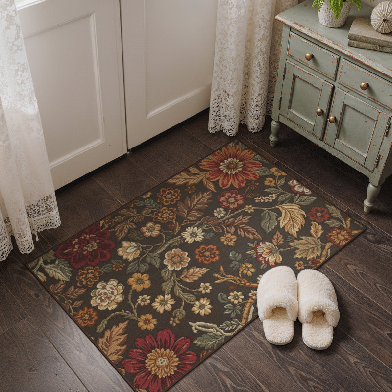 Blossom Floral Machine Washable Brown / Green / Red Indoor Area Rug With Non-Slip Backing, Rectangle 6' x 9'