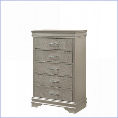 Commode, commode haute moderne en bois massif à 5 tiroirs - texture crocodile champagne beige, poignées capitonnées en cristal | Beige | Bois