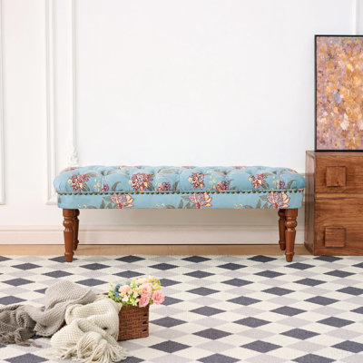 European Style Tufted Floral Bench with Turned Wood Legs,American Upholstered Ottoman for Bedroom & Primary Living Space
