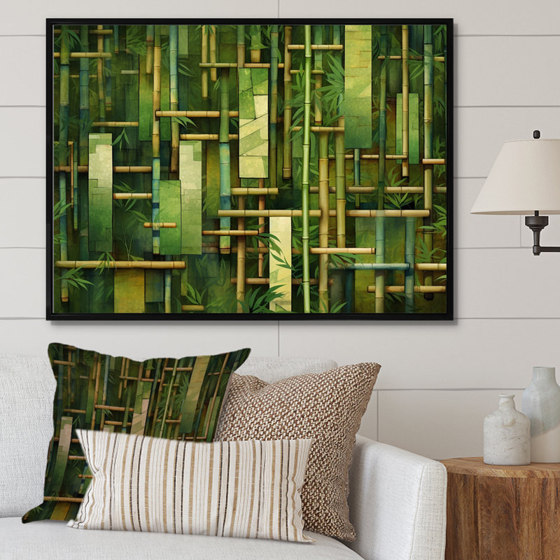 «Whispering Bamboo», motifs géométriques sur toile, H 16 po x l 32 po x P 1 po, Cadre flottant noir