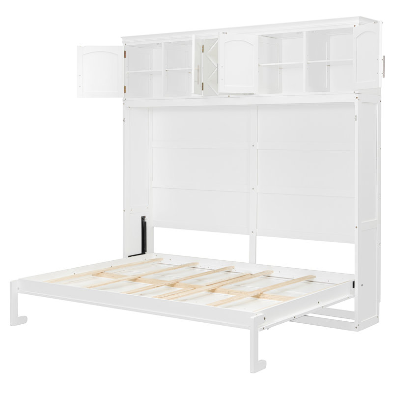 Grand lit escamotable mural avec armoires supérieures et porte-bouteilles, lit armoire pliable, lit escamotable peu encombrant, blanc
