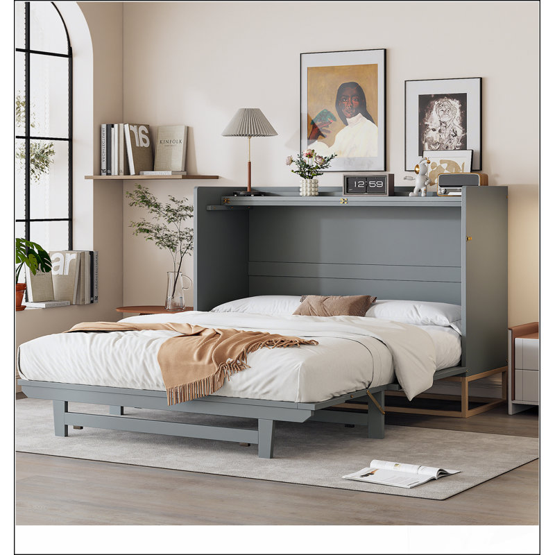 Grand lit escamotable grand avec pieds en fer, conception moderne pour un style de vie compact et élégant, Gris