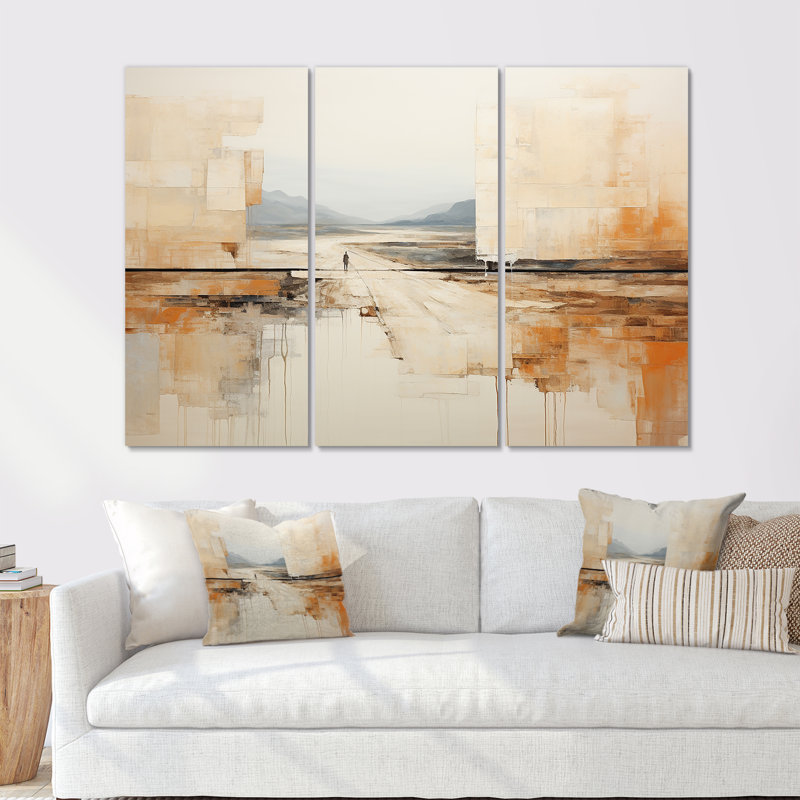 Abstrait beige brun, collage sur route brun I - ensemble abstrait d'art sur toile, H 28 po x l 36 po x P 1 po, Toile tendue