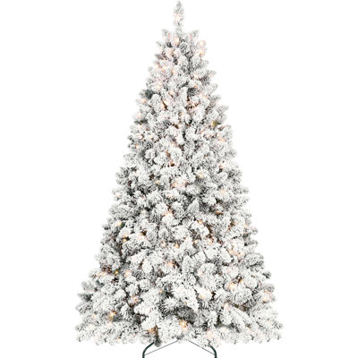 Arbre de Noël enneigé 8 pi avec 700 lumières Ul, 54 pins, pointes enneigées, structure à charnières 1754, support en métal robuste pour l'apparence des Fêtes d'hiver, feuillage véritable, design, décoration de base stable