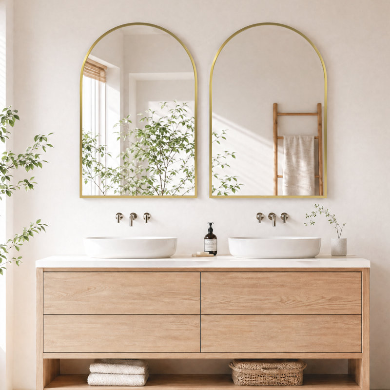Modern Arched Recessed or Surface Mount Medicine Cabinet with Mirror, Gold, 36" H x 24" W
