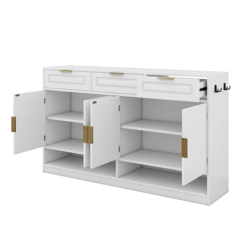 59.1" Sideboard Buffet With 3 Drawers & 4 Doors, White Storage Cabinet With Adjustable Shelf & Open Compartments, White