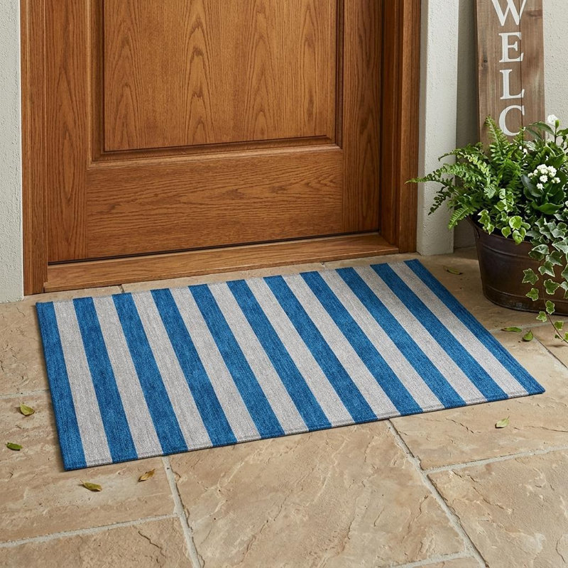 Tapis extérieur lavable antidérapant à rayures bleues et ivoire 2 pi x 3 pi