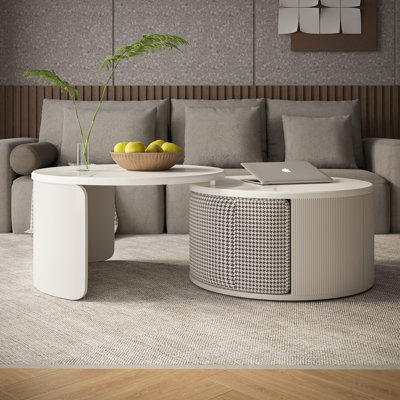 Ensemble de tables basses rondes gigognes avec plateau en faux marbre et 2 tabourets de rangement