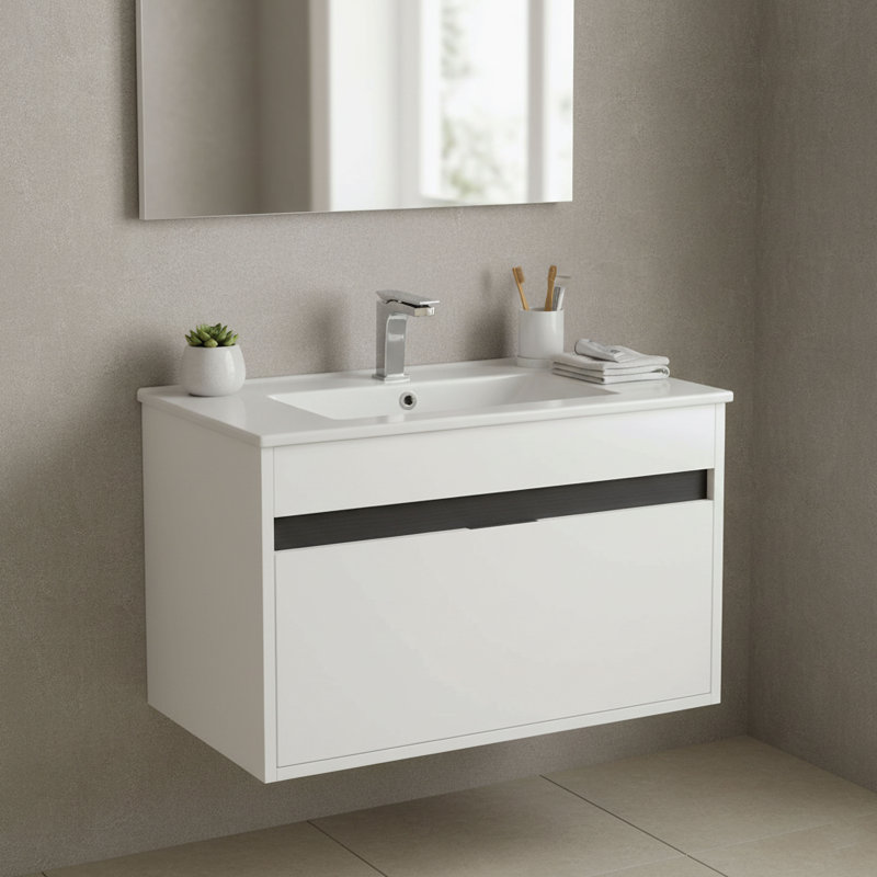 Kynlyn 30'' Single Bathroom Vanity with Ceramic Top, White Matte