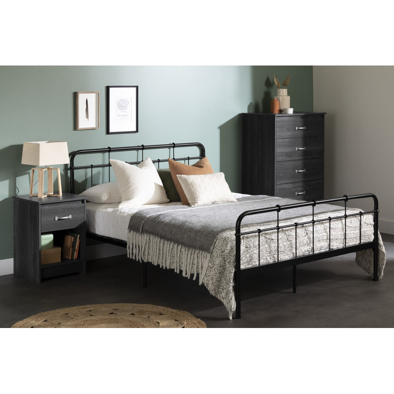 Full Black Metal Platform Bed with Headboard and Footboard
