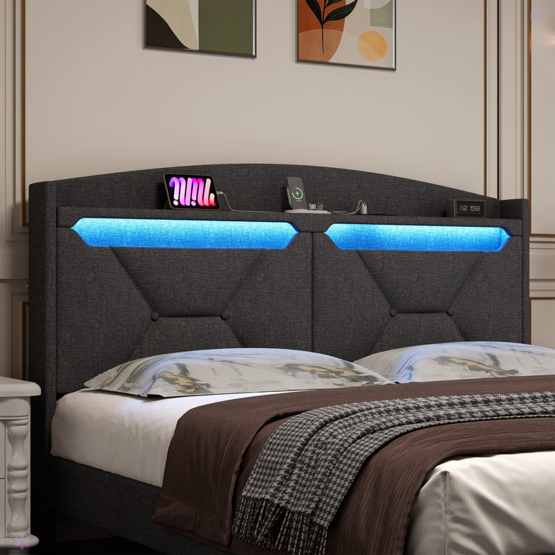 Lit avec tête de lit avec rangement et 2 tiroirs avec lumières DEL à DEL, gris