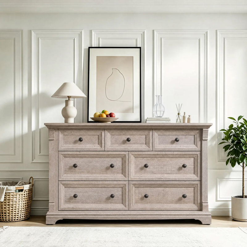 Roman Column 7-Drawer Dresser - 54" Wide Farmhouse Statement, Light Rustic Oak