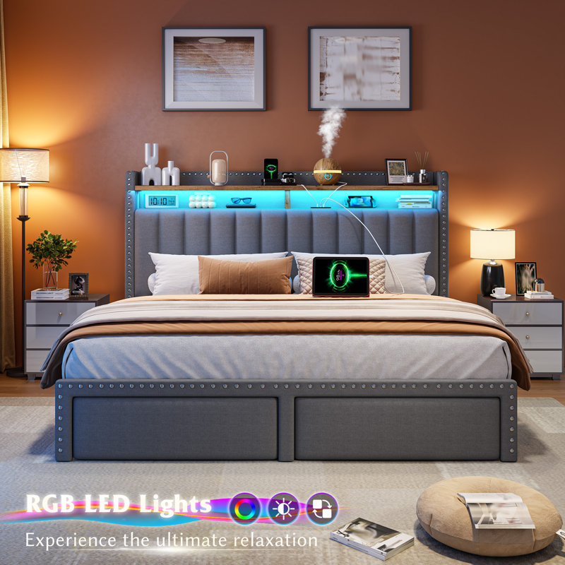 Upholstered Bed Frame With 2 Drawers, Storage Bed With Headboard, Led Light And Charging Station, Full / Double, Gray