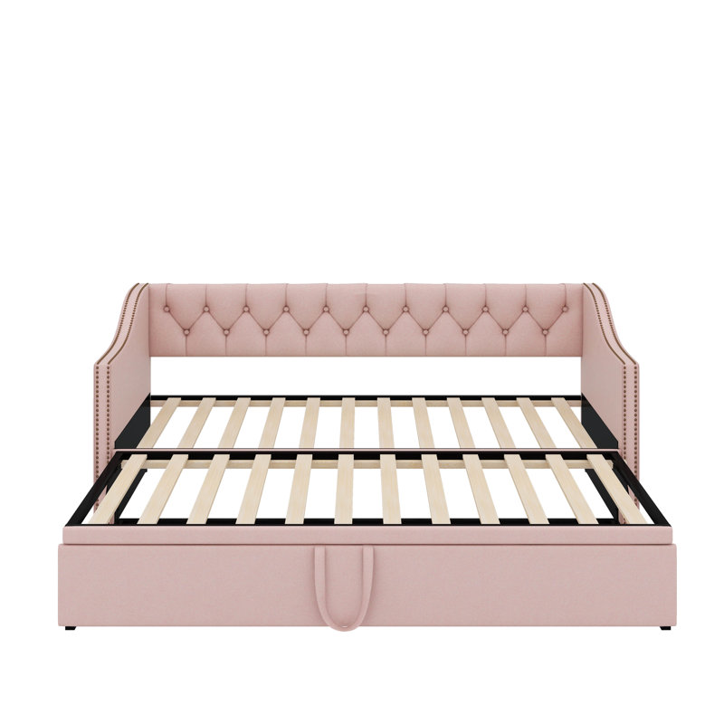 Lit de jour simple tapissier avec couchette escamotable, Rose