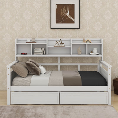 Daybed, Wood Slat Support, With Bedside Shelf And Two Drawers
